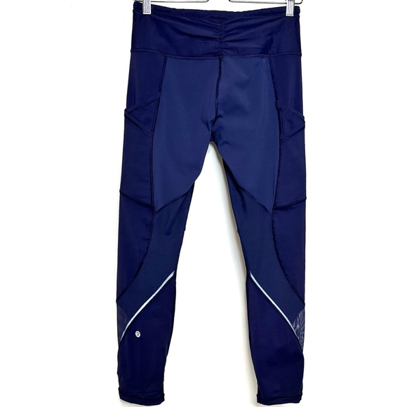 Lululemon Navy Blue Sheer Panel Reflective Ankle Leggings Sz 8 Yoga Fitness - Picture 5 of 13